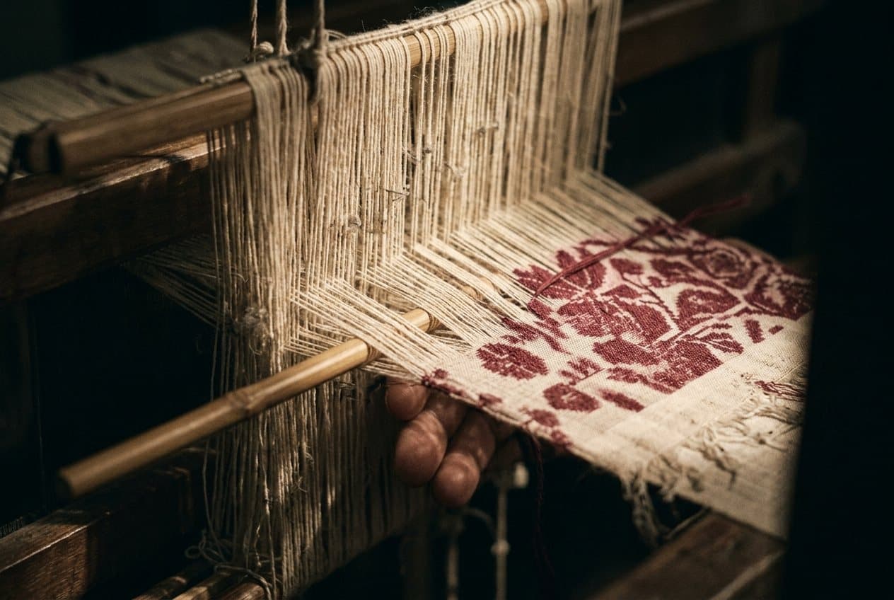 Jamdani on the loom, the motif half-formed in the warp