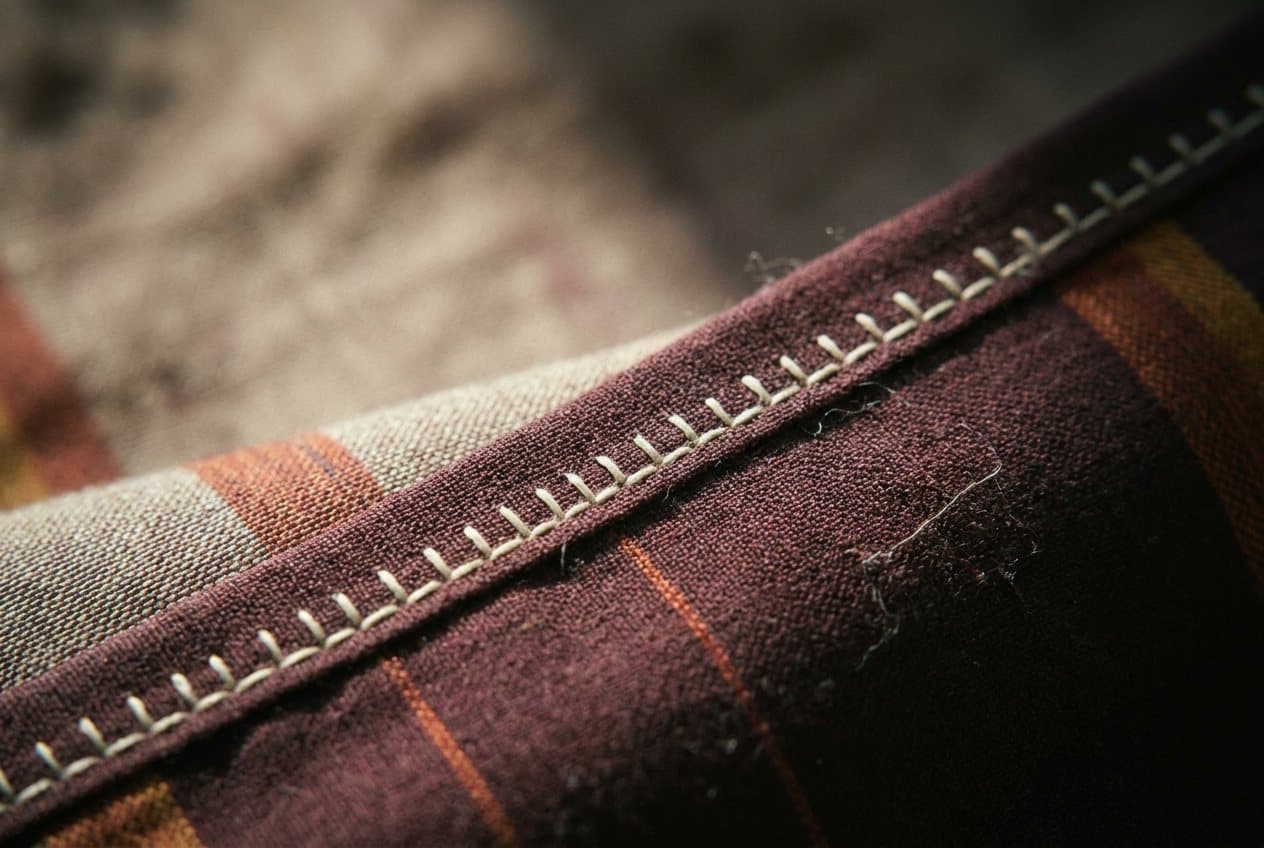 Fine even hand-stitching along a pressed seam