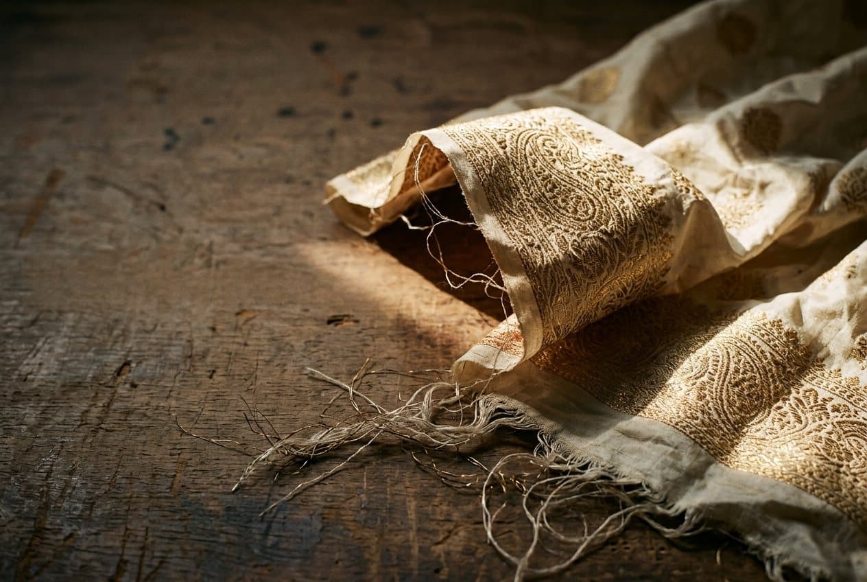 Cream silk with gold zari brocade, laid open with a cut edge and loose weft threads